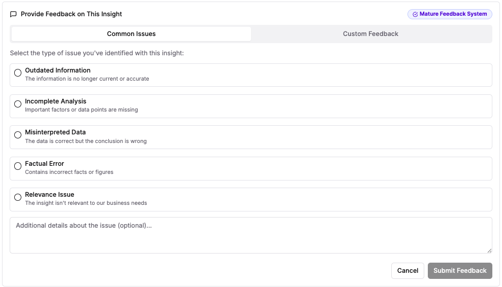A structured feedback form with predefined categories of issues users can select