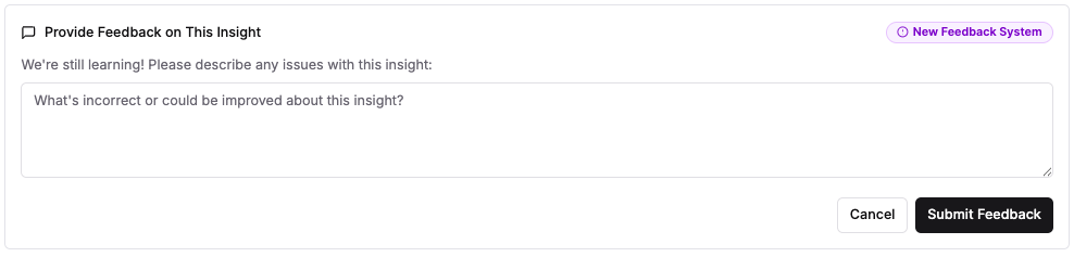 A free-text feedback form allowing users to describe issues with an AI insight